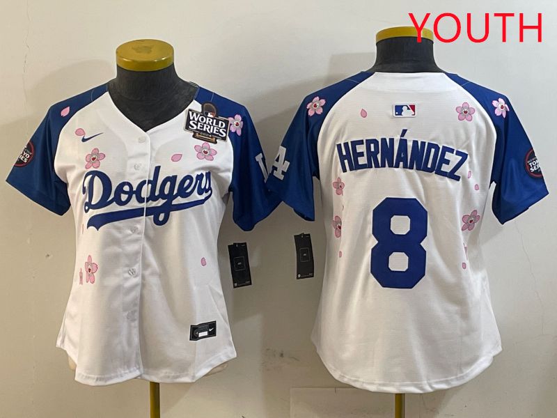 Youth Los Angeles Dodgers #8 Hernandez White Blue Sakura Edition 2025 Nike MLB Jersey style 3